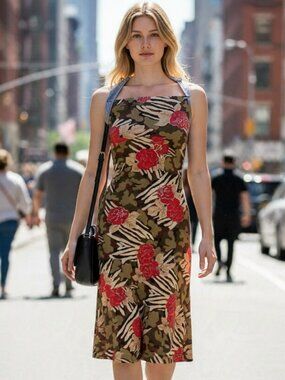 Three Hearts Halter Top Red Green Floral‎ Dress with Denim Straps in Size Medium